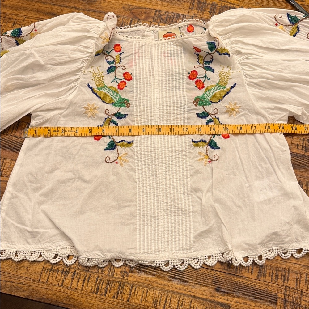 FARM Rio Pitanga Embroidered Cotton Puff Sleeve Blouse Woman's Small - Picture 8 of 16